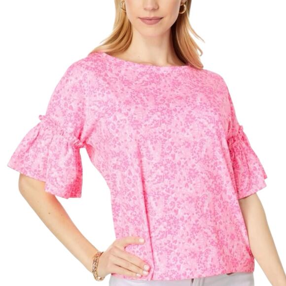 Lilly Pulitzer Ziva Top Pink Shandy Invest a Gator Top Sz XS Bell Sleeve Floral - Picture 1 of 6